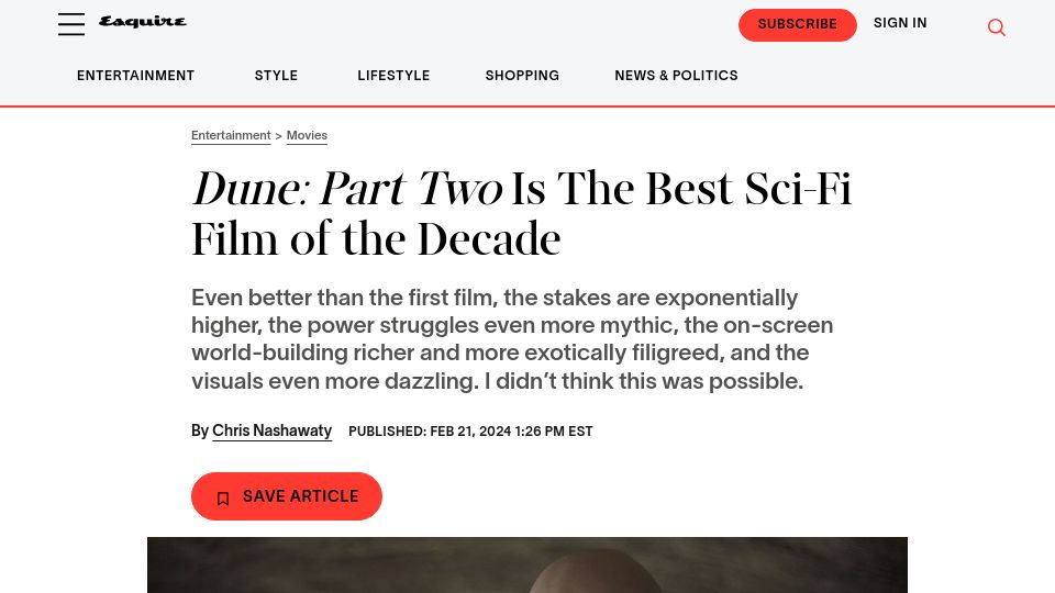 Screenshot of esquire.com: Dune: Part Two Is the Best Sci-Fi Film of the Decade