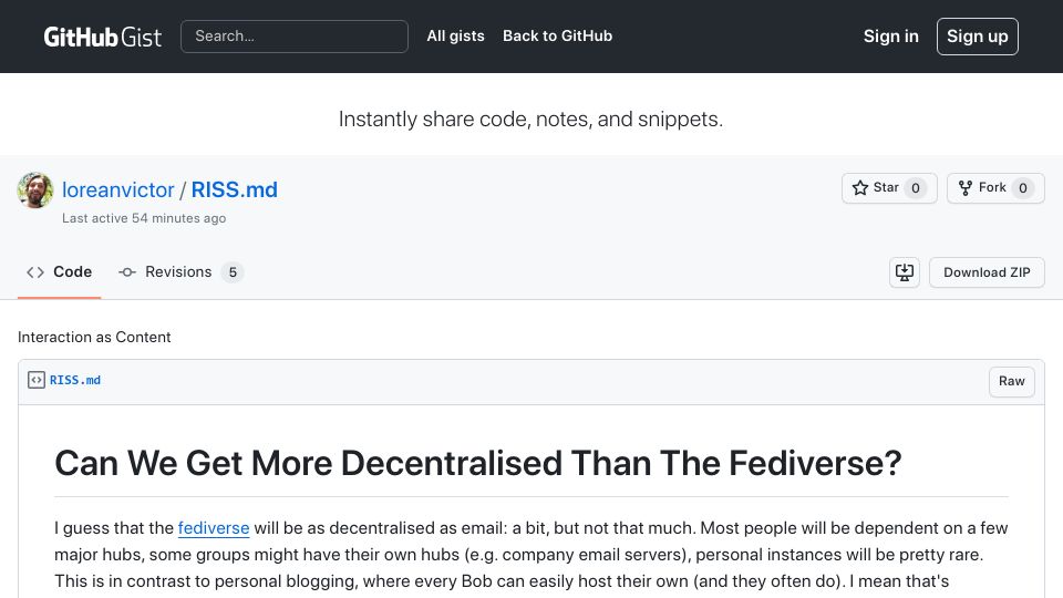 Screenshot of gist.github.com: Can we get more decentralised than the Fediverse?