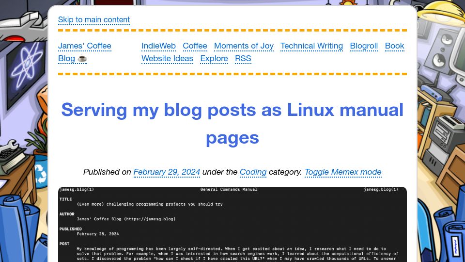 Screenshot of jamesg.blog: Serving my blog posts as Linux manual pages