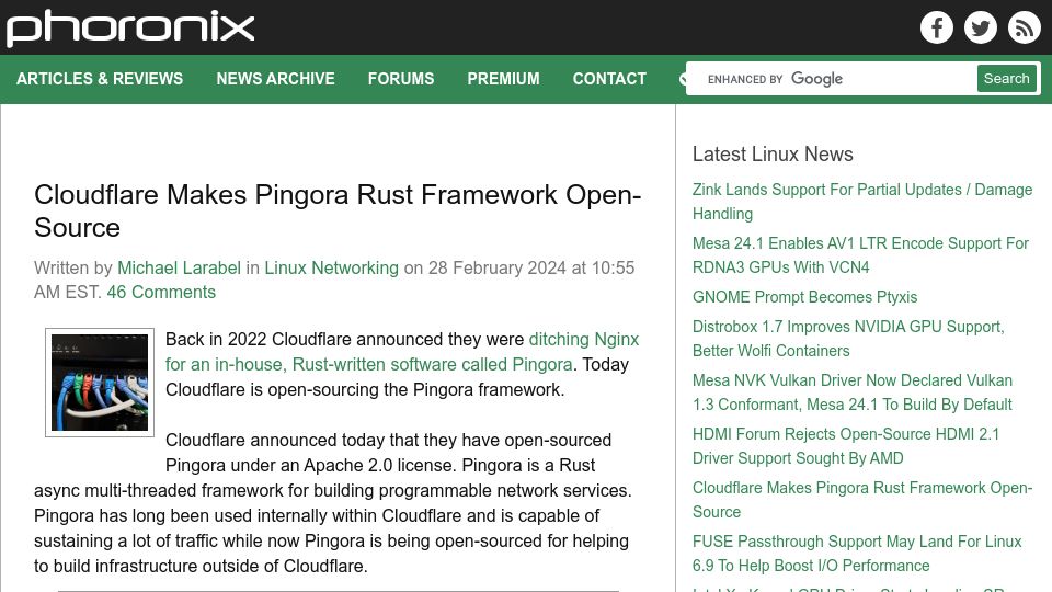 Screenshot of phoronix.com: Cloudflare Makes Pingora Rust Framework Open-Source