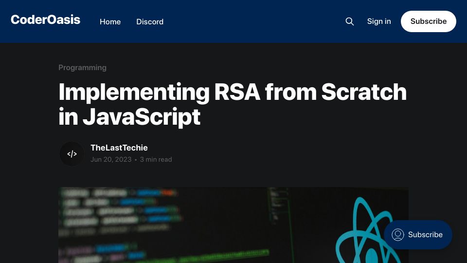 Screenshot of coderoasis.com: Implementing RSA from Scratch in JavaScript