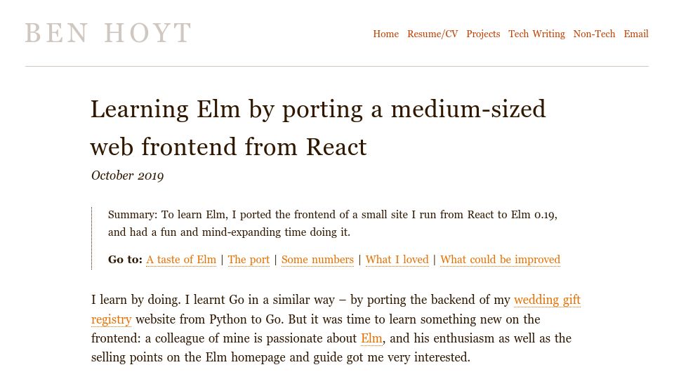 Screenshot of benhoyt.com: Learning Elm by porting a medium-sized web frontend from React (2019)