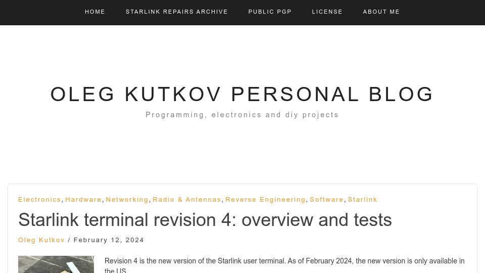 Screenshot of olegkutkov.me: Starlink terminal revision 4: overview and tests