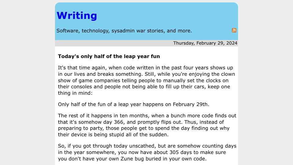Screenshot of rachelbythebay.com: Today's only half of the leap year fun