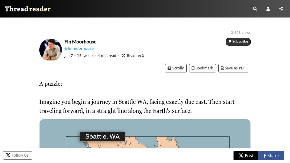 Screenshot of threadreaderapp.com: From Seattle move in a straight line due East. What country will you hit?