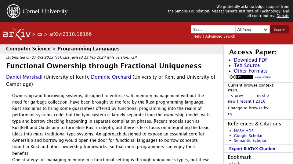 Screenshot of arxiv.org: Functional ownership through fractional uniqueness