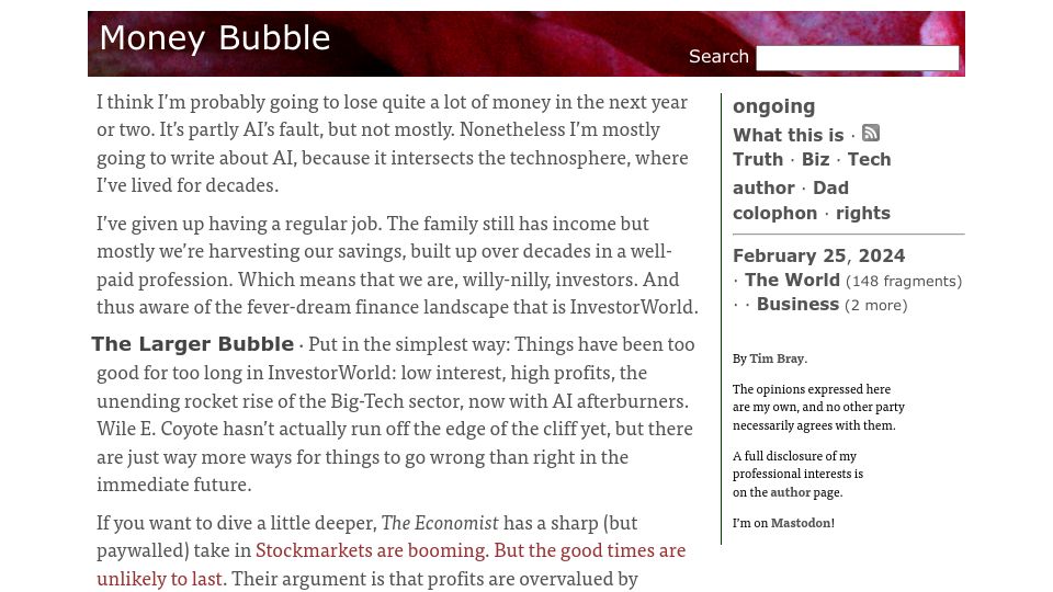 Screenshot of tbray.org: Money bubble