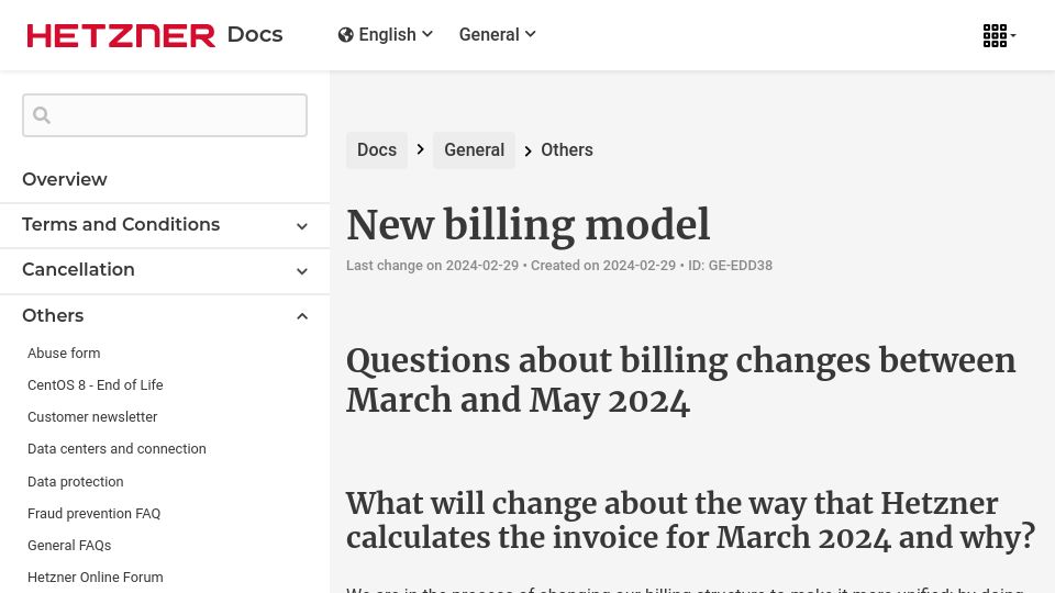 Screenshot of docs.hetzner.com: Hetzner switches to new billing model