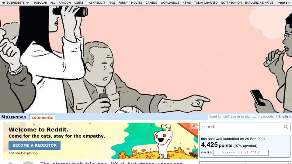 Screenshot of old.reddit.com: The internet feels fake now. It's all just staged videos and marketing