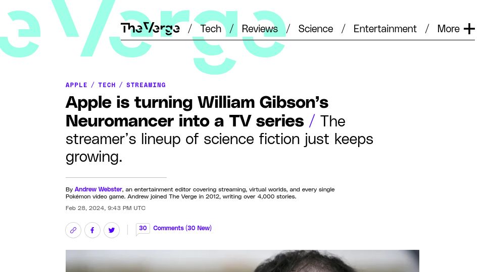 Screenshot of theverge.com: Apple is turning William Gibson's Neuromancer into a TV series