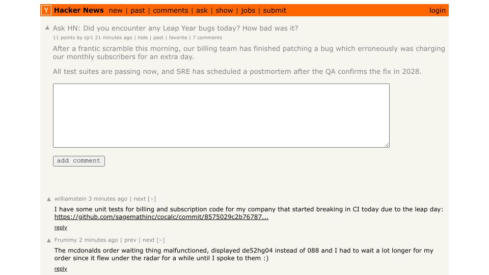 Screenshot of Hacker News post: Ask HN: Did you encounter any leap year bugs today?