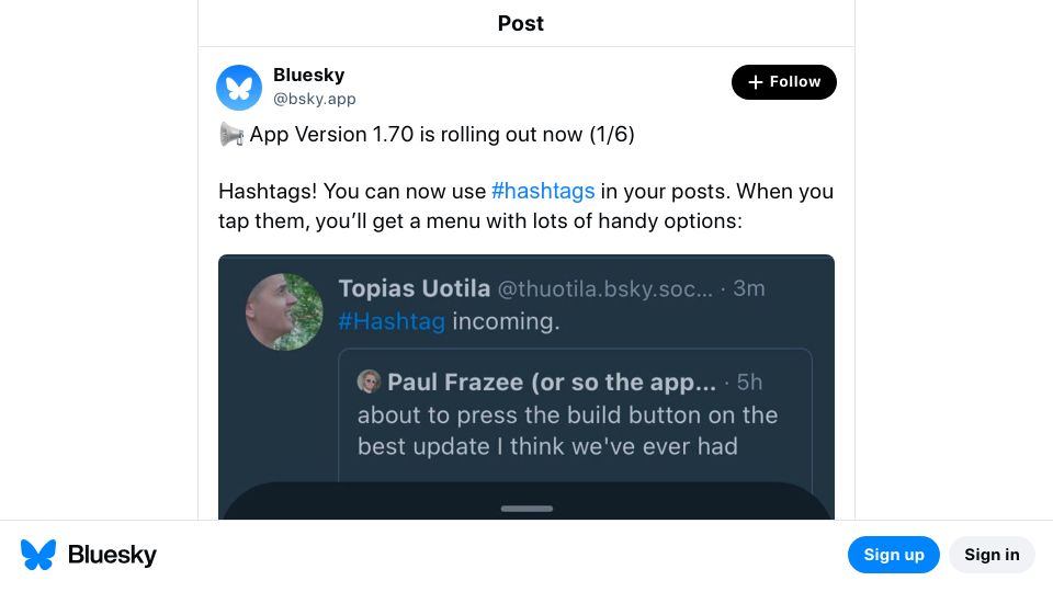 Screenshot of bsky.app: Bluesky is rolling out Hashtags
