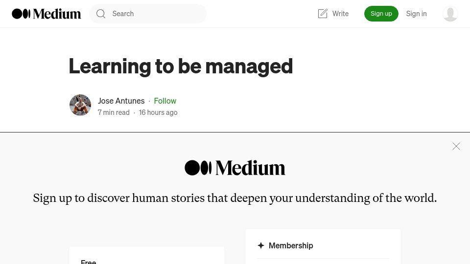 Screenshot of medium.com: Learning to be managed