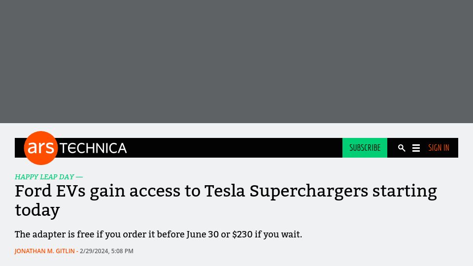 Screenshot of arstechnica.com: Ford EVs gain access to Tesla Superchargers starting today