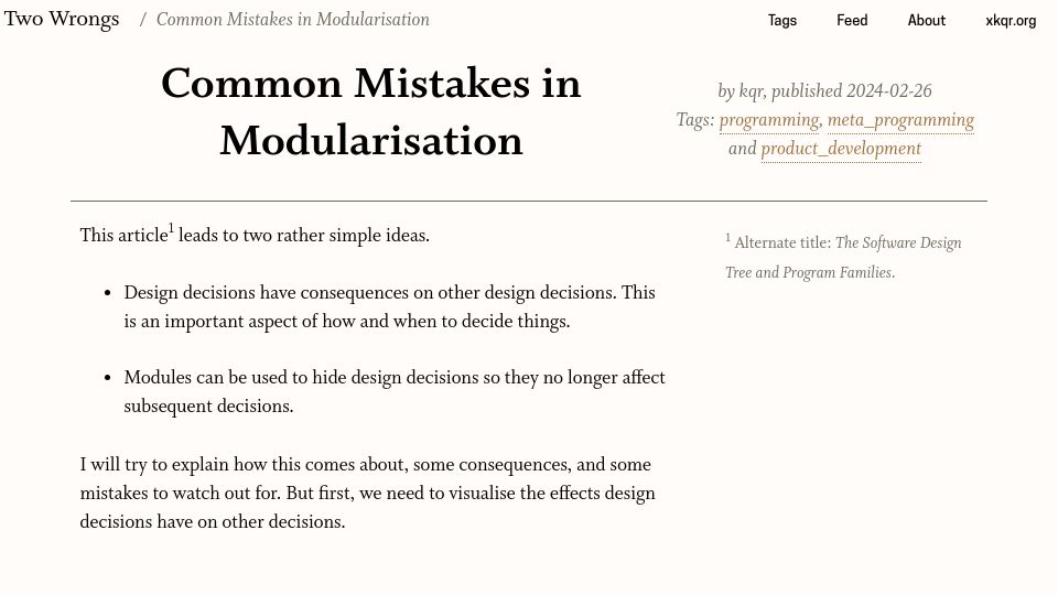 Screenshot of two-wrongs.com: Common Mistakes in Modularisation