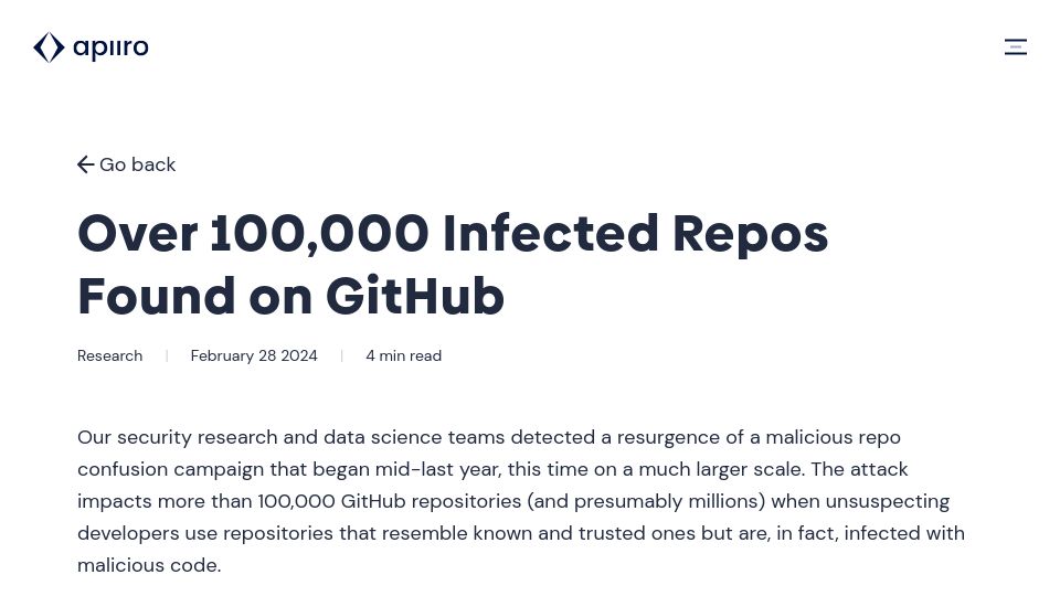 Screenshot of apiiro.com: Over 100k Infected Repos Found on GitHub