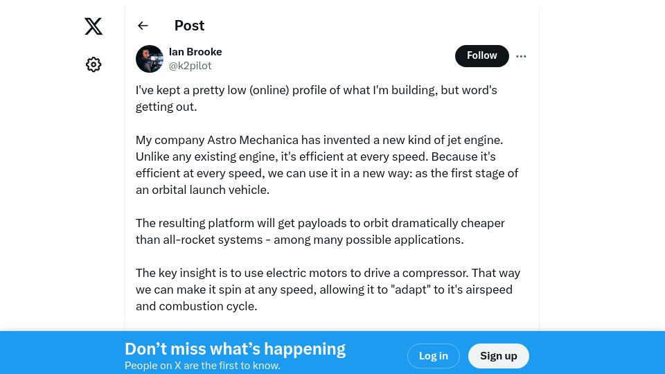 Screenshot of twitter.com: New jet engine enables efficiency at every speed for cheaper orbital launches