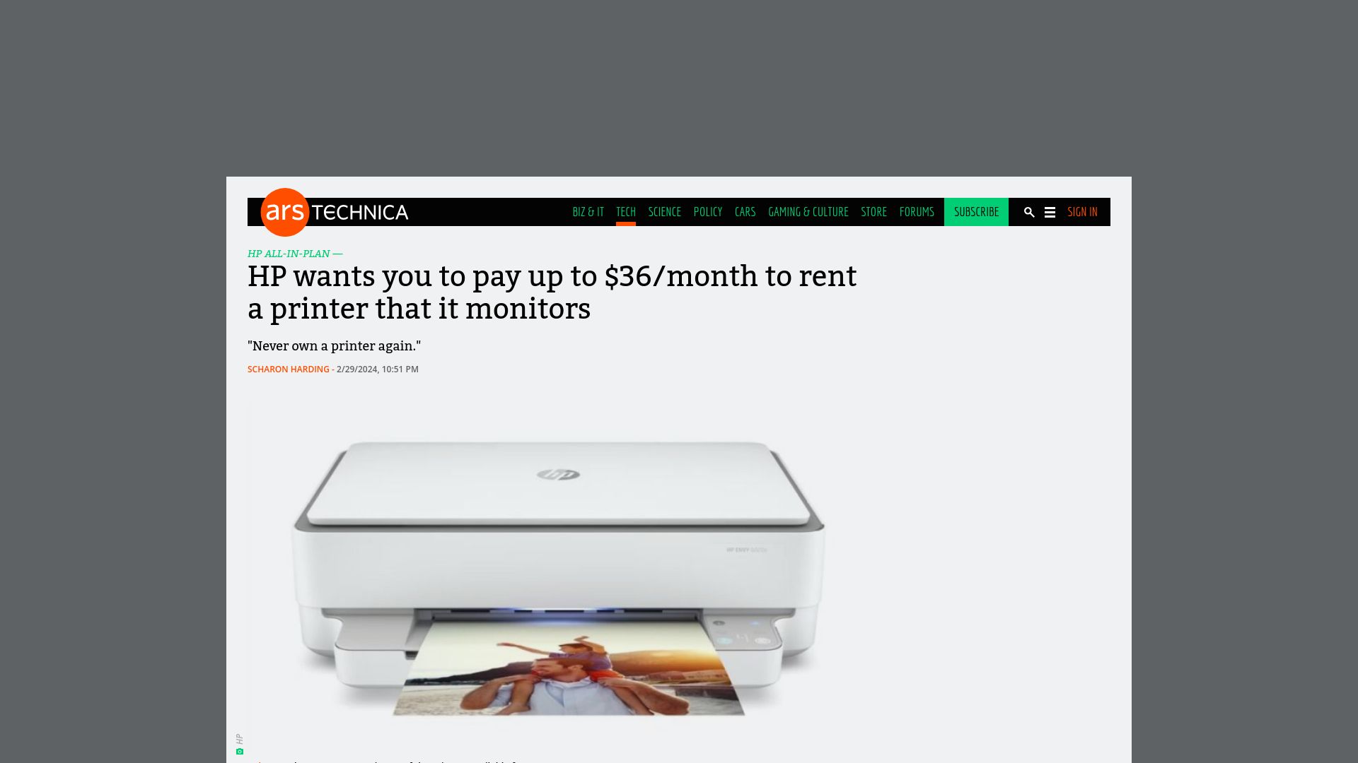 Screenshot of arstechnica.com: HP wants you to pay up to $36/month to rent a printer that it monitors