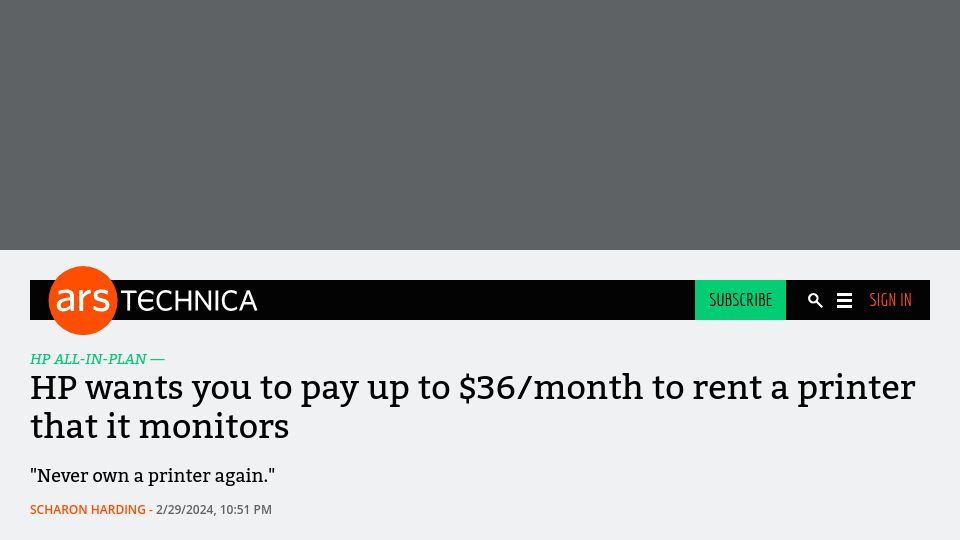 Screenshot of arstechnica.com: HP wants you to pay up to $36/month to rent a printer that it monitors