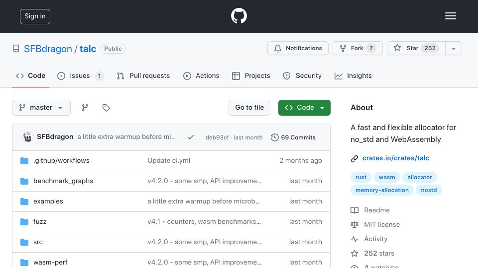 Screenshot of github.com: Talc – A fast and flexible allocator for no_std and WebAssembly