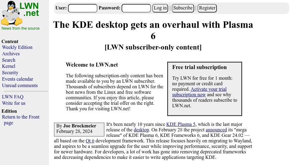 Screenshot of lwn.net: The KDE desktop gets an overhaul with Plasma 6