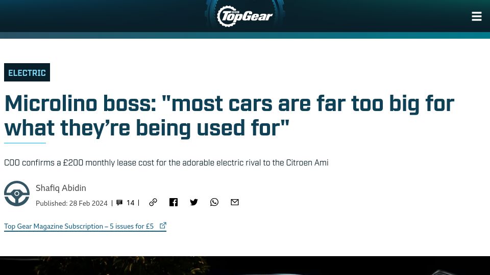 Screenshot of topgear.com: Microlino boss: Most cars are far too big for what they're being used for