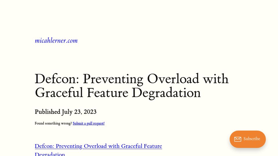 Screenshot of micahlerner.com: Defcon: Preventing overload with graceful feature degradation (2023)