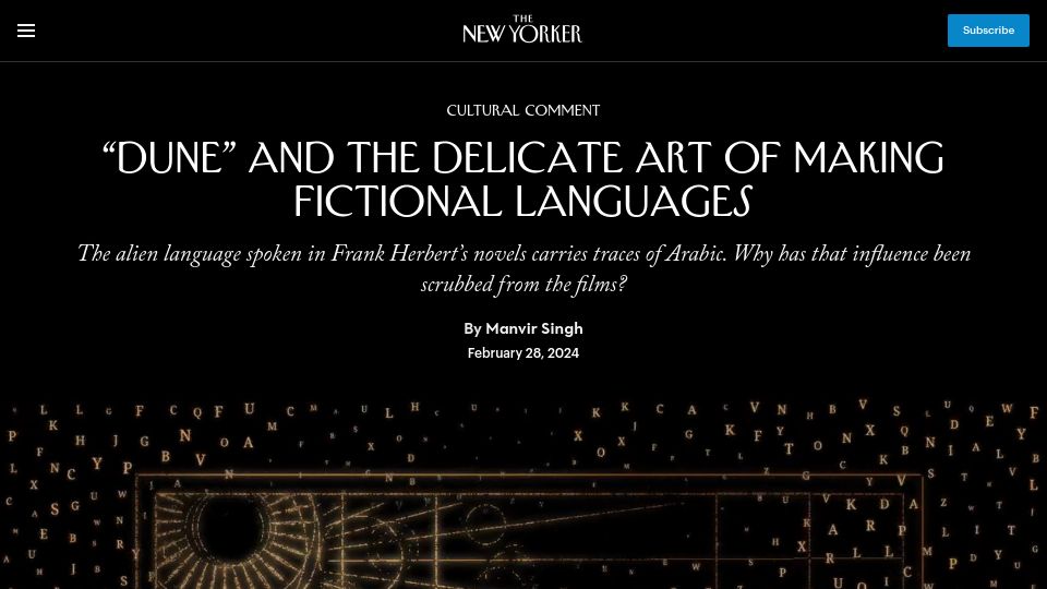 Screenshot of newyorker.com: "Dune" and the delicate art of making fictional languages