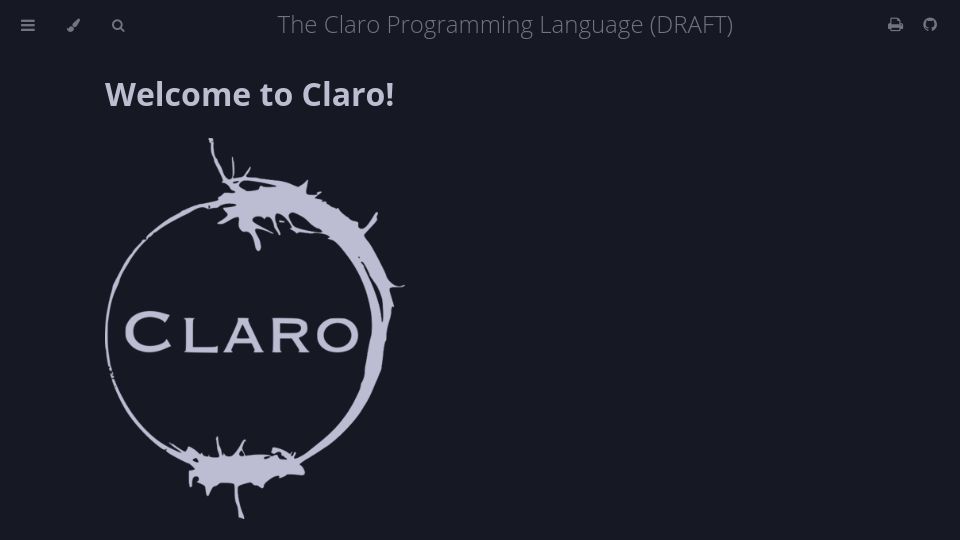 Screenshot of docs.clarolang.com: The Claro Programming Language