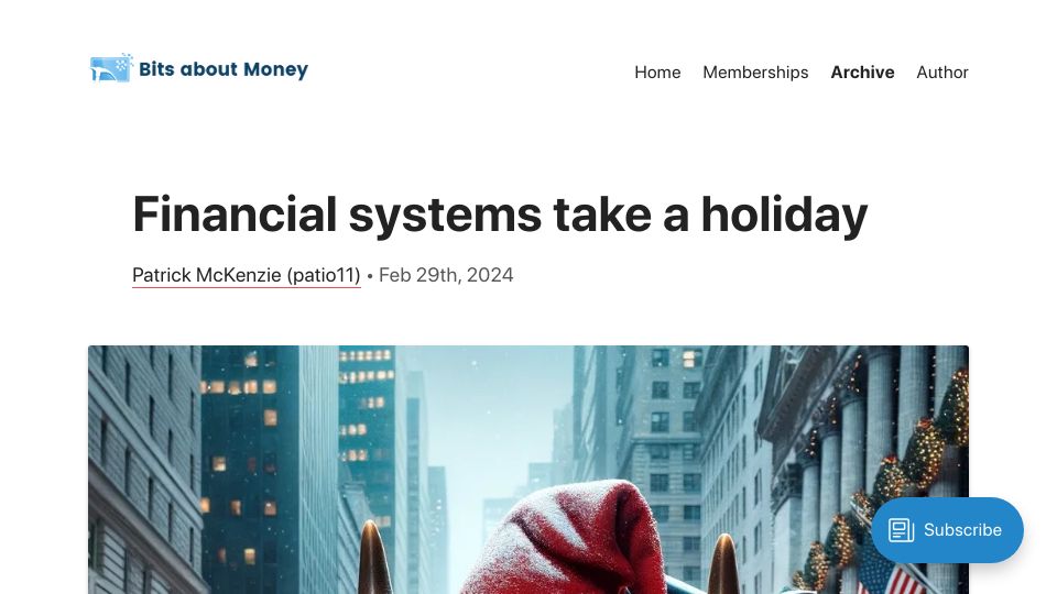 Screenshot of bitsaboutmoney.com: Financial systems take a holiday