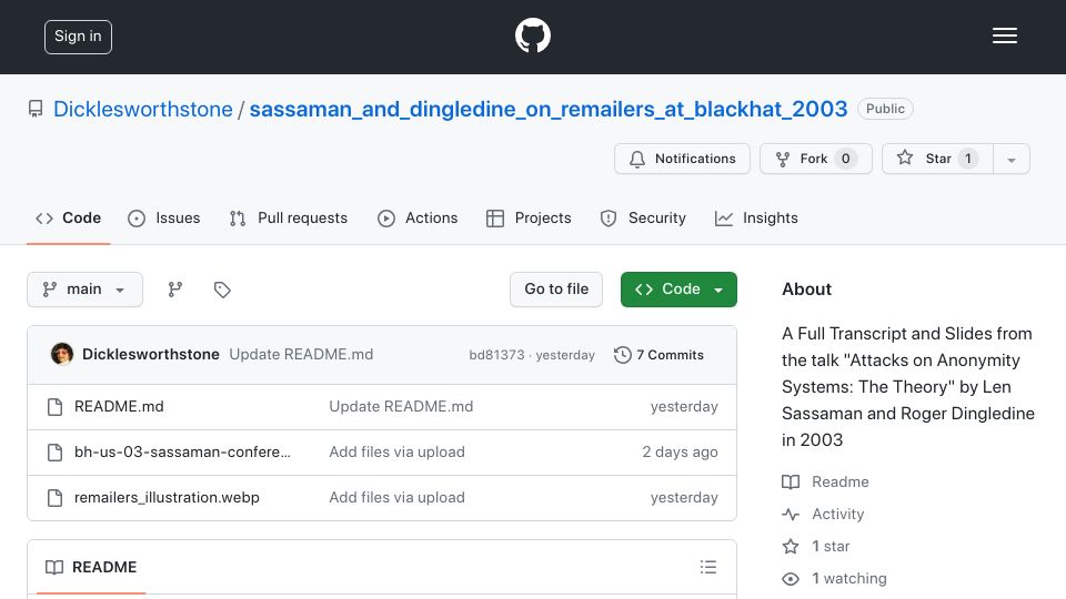 Screenshot of github.com: Attacks on Anonymity Systems: The Theory (2003)
