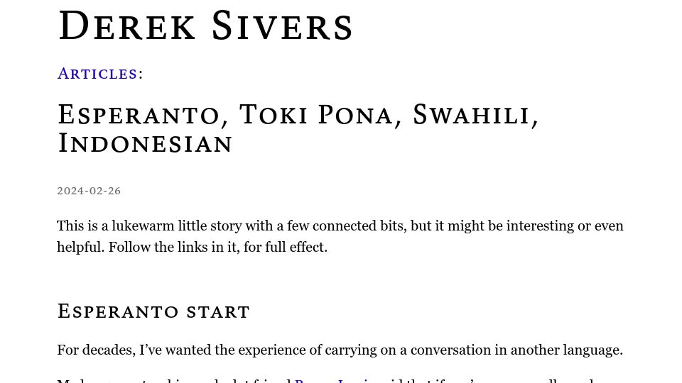 Screenshot of sive.rs: Esperanto, Toki Pona, Swahili, Indonesian