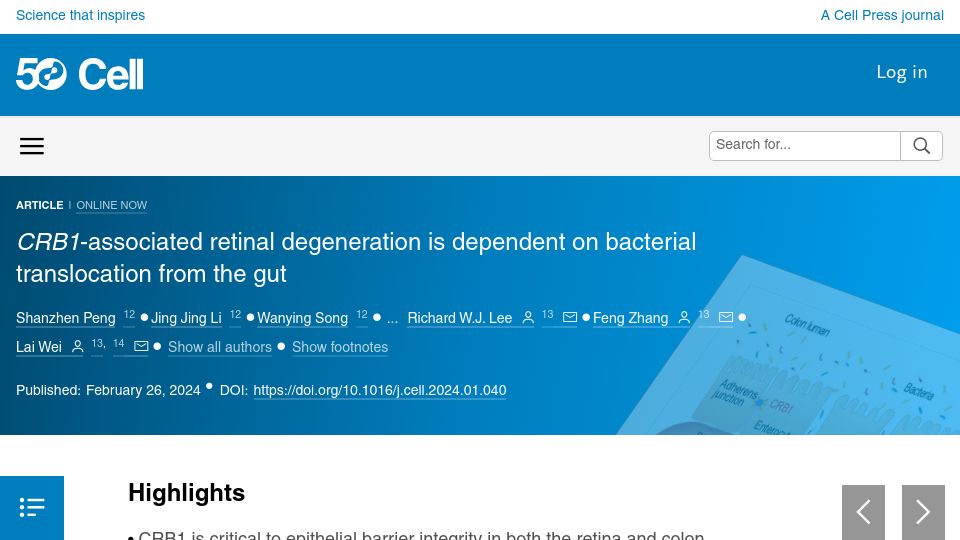 Screenshot of cell.com: Retinal degeneration is dependent on bacterial translocation from the gut