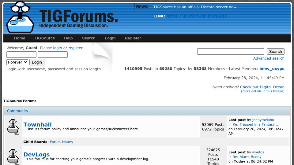 Screenshot of forums.tigsource.com: TIGForums Independent Gaming and Gamedev Discussions