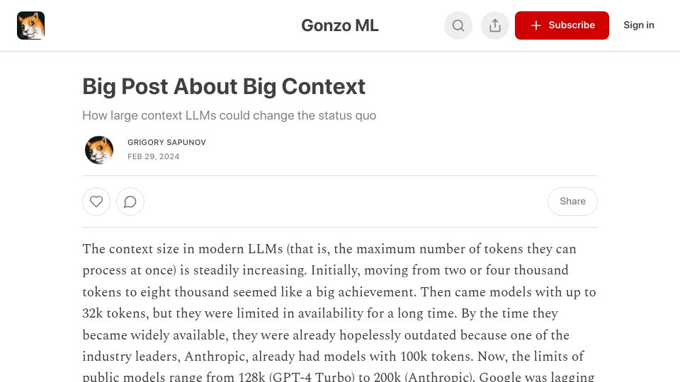 Screenshot of gonzoml.substack.com: Big Post About Big Context