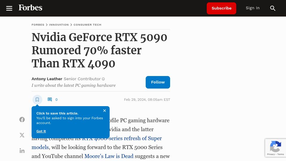Screenshot of forbes.com: Nvidia GeForce RTX 5090 Rumored 70% faster Than RTX 4090