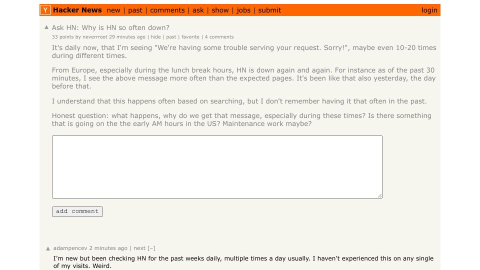 Screenshot of Hacker News post: Ask HN: Why is HN so often down?