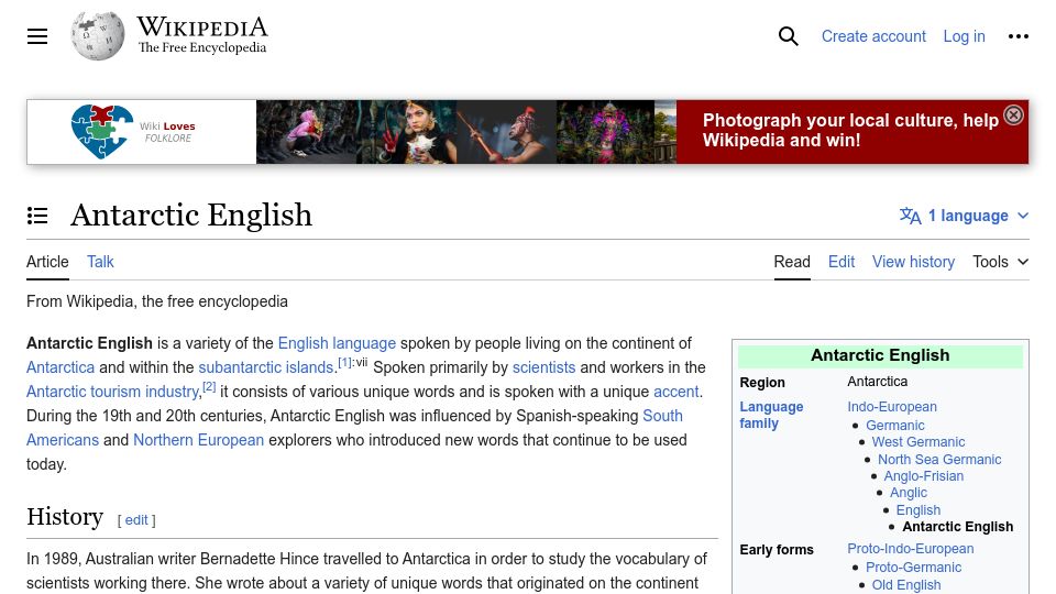 Screenshot of en.wikipedia.org: Antarctic English