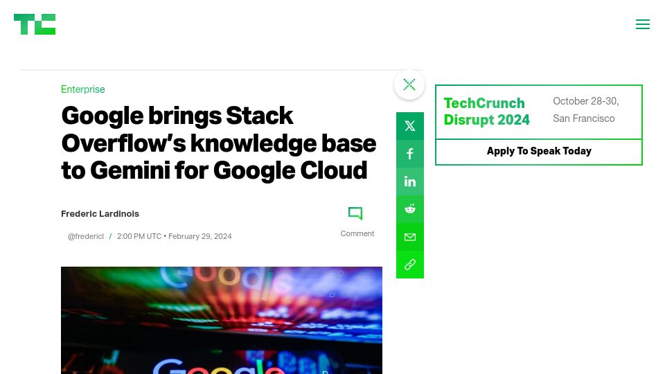 Screenshot of techcrunch.com: Google Brings Stack Overflow's Knowledge Base to Gemini for Google Cloud