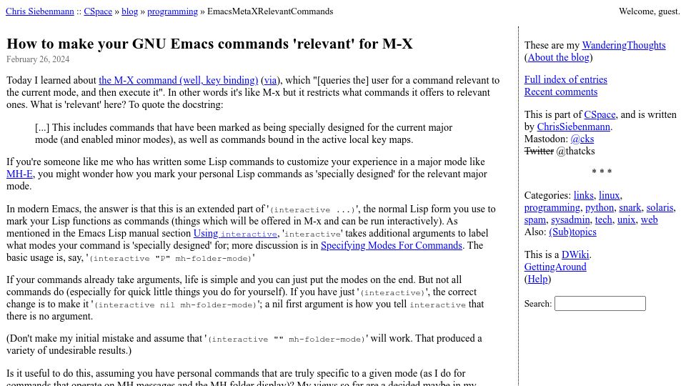 Screenshot of utcc.utoronto.ca: How to make your GNU Emacs commands 'relevant' for M-X