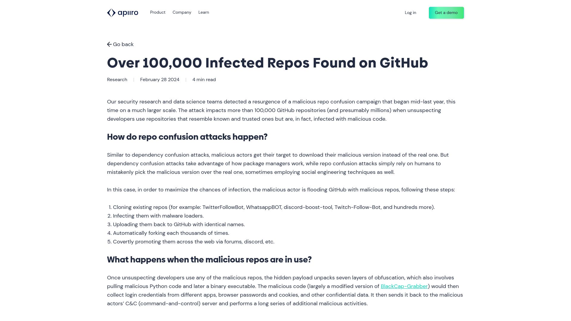Screenshot of apiiro.com: Over 100k Infected Repos Found on GitHub