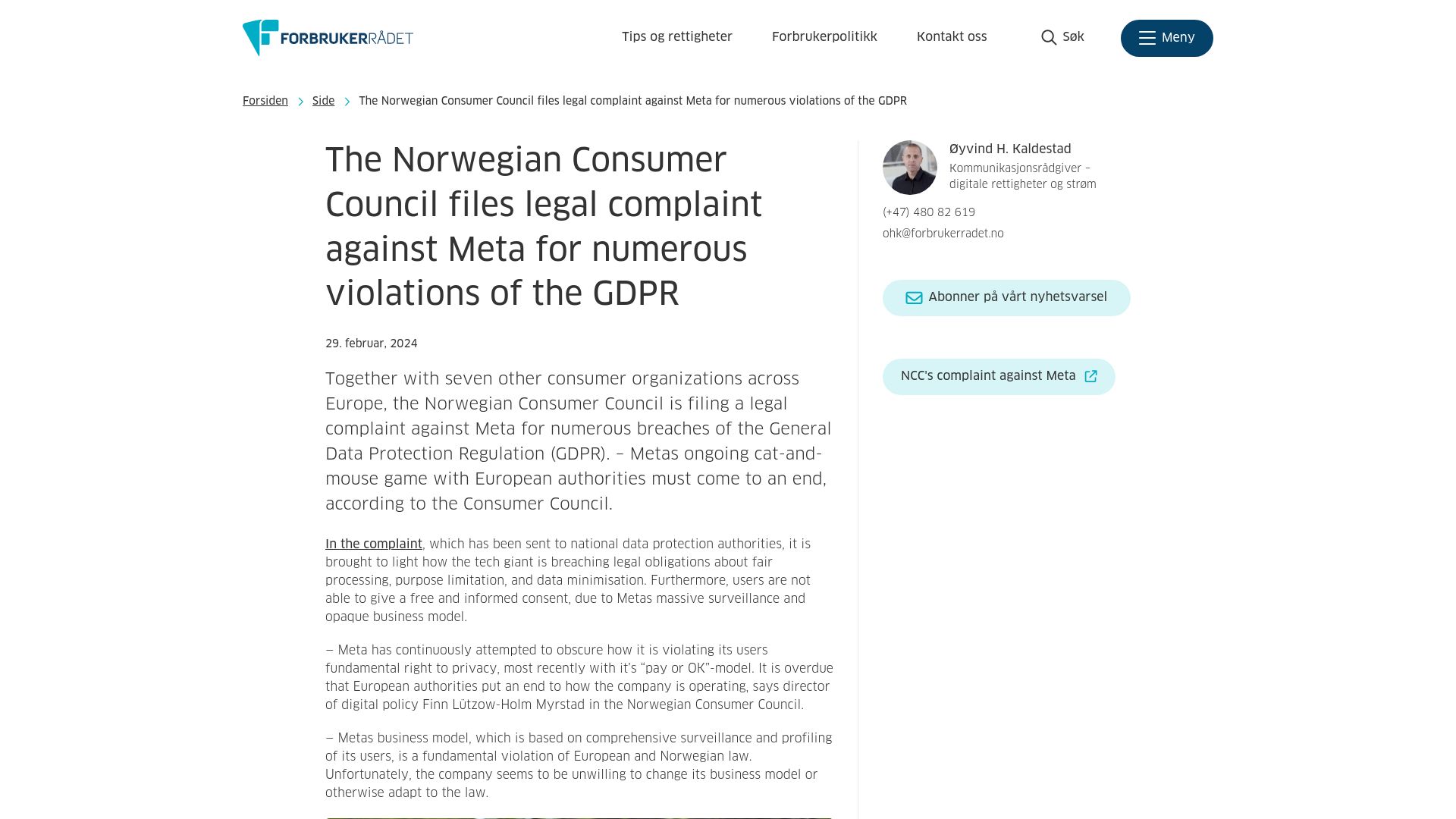 Screenshot of forbrukerradet.no: Norwegian Consumer Council files complaint against Meta for GDPR violations