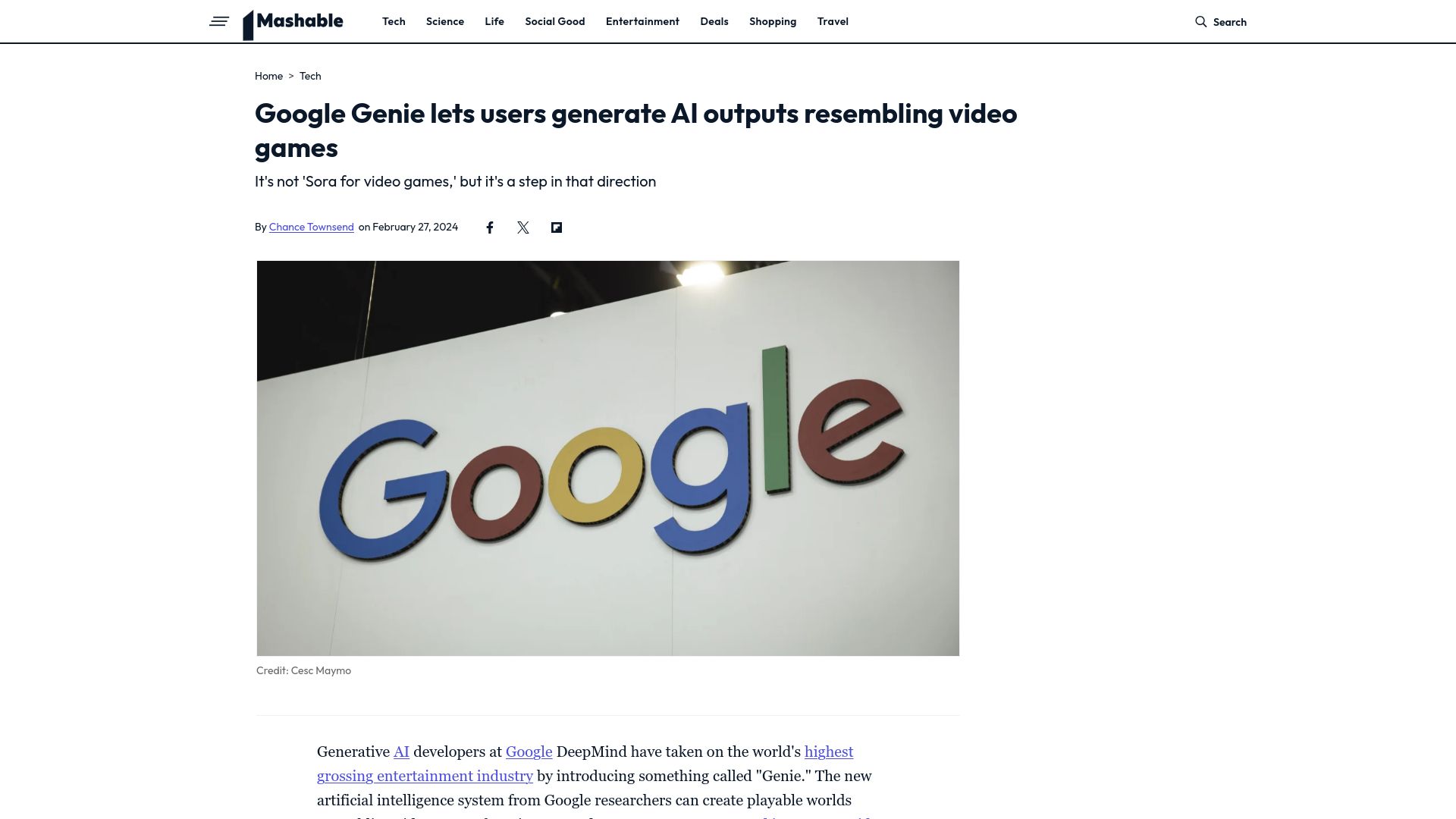 Screenshot of mashable.com: Google Genie lets users generate AI outputs resembling video games