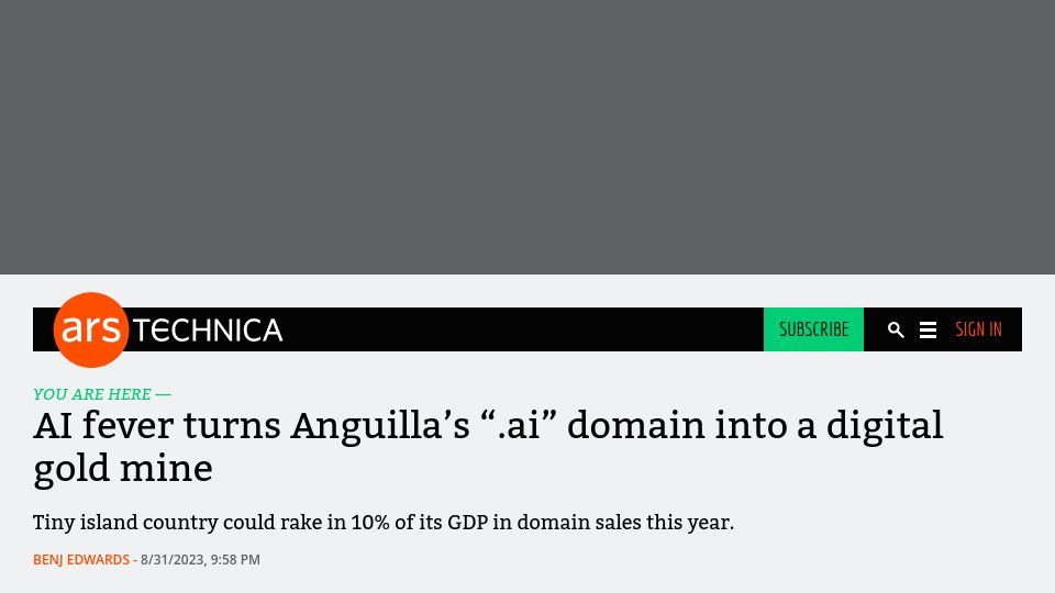 Screenshot of arstechnica.com: 10% of Anguilla's GDP is .ai domain fees
