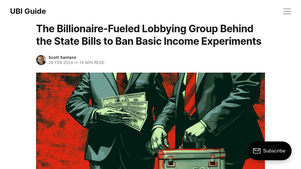 Screenshot of scottsantens.com: Billionaire-Fueled Lobbying Group Behind the State Bills to Ban UBI Experiments