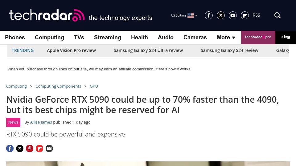 Screenshot of techradar.com: Nvidia GeForce RTX 5090 could be up to 70% faster than the 4090