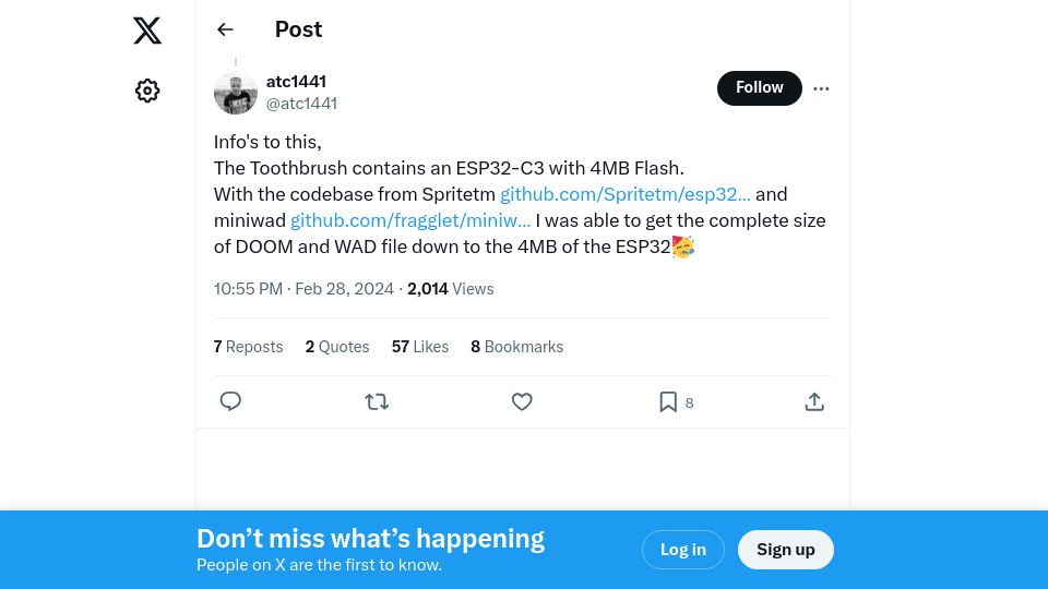 Screenshot of twitter.com: Doom Running on a Toothbrush