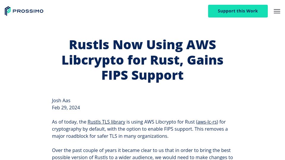 Screenshot of memorysafety.org: Memory Safe TLS Library Now Has AWS Crypto and FIPS