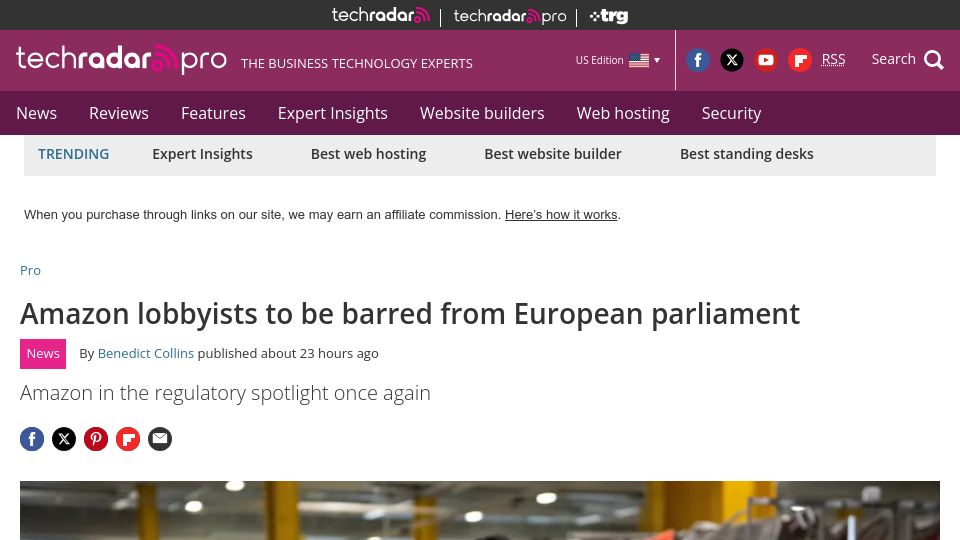 Screenshot of techradar.com: Amazon lobbyists to be barred from European parliament