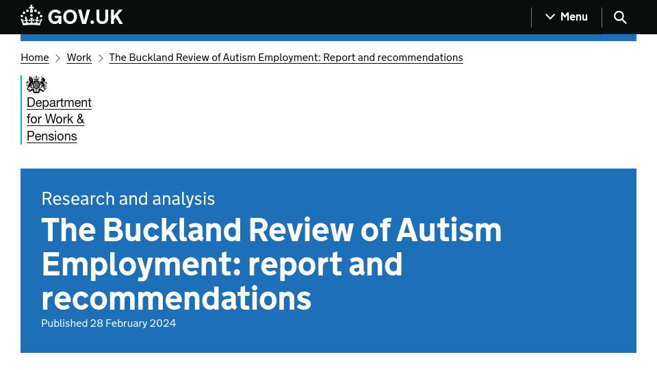 Screenshot of gov.uk: The Buckland Review of Autism Employment